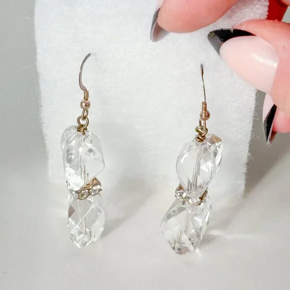 Vintage Swarovski-Style Cut Clear Faceted Crystal Cube Drop Earrings - Picture 4 of 6